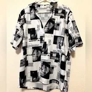 Shein White/Black Graphic Short Sleeve Button Up Size Large